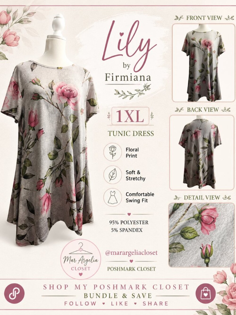Lily by Firmiana 1XL Romantic Botanical Rose Floral Swing Tunic Top